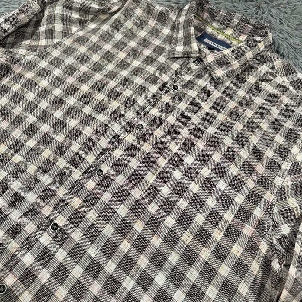 32 Bar Blues Shirt XL Brown White Button Up Linen Chest Pocket Outdoor Mens